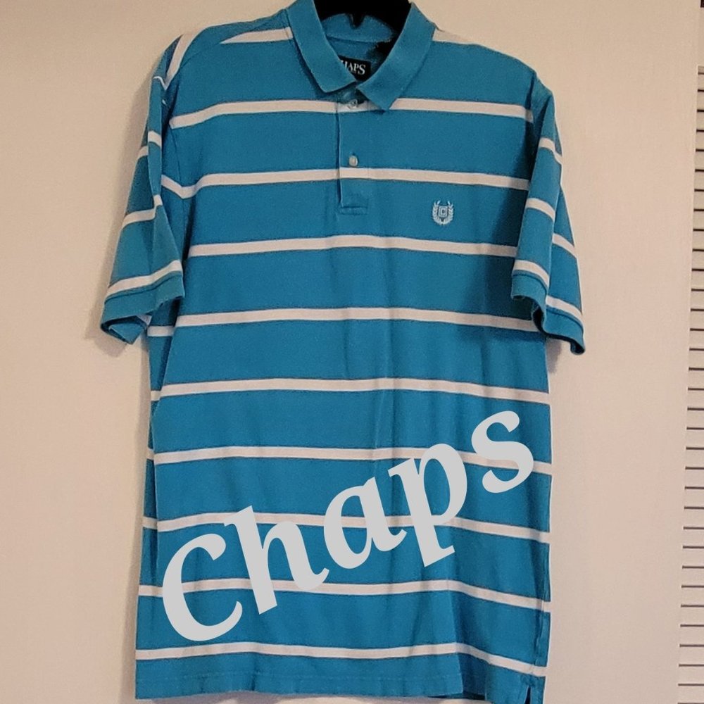 Chaps men's turq & white stripe short sleeve logo polo shirt. Sz: L